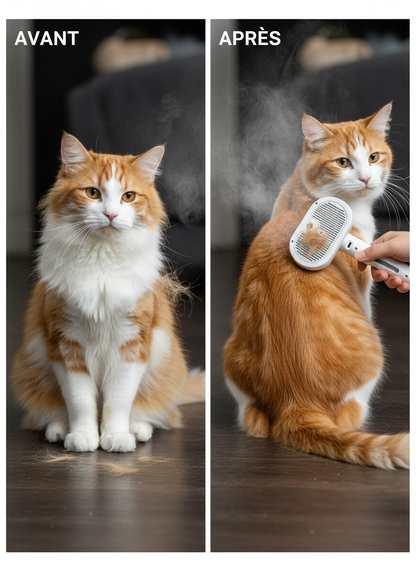 Avant et après brossage d’un chat avec une brosse vapeur anti-poils rechargeable, améliorant l’apparence du pelage.