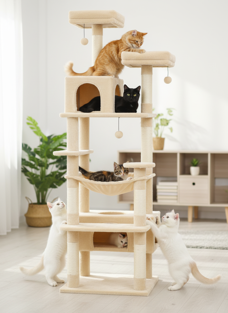Arbre à Chat Multi-Niveaux avec Hamac, Condo, Griffoirs et Plateforme Supérieure