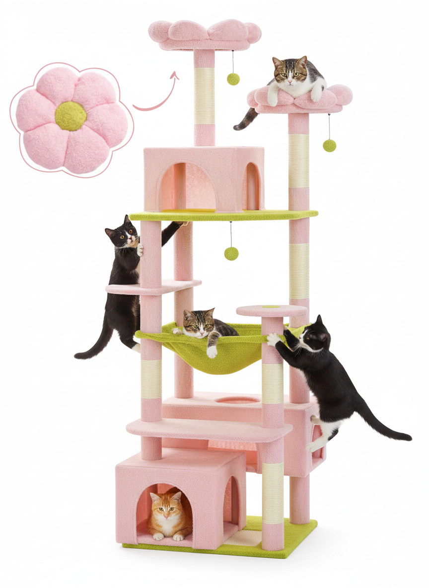 Arbre à Chat Multi-Niveaux avec Hamac, Condo, Griffoirs et Plateforme Supérieure