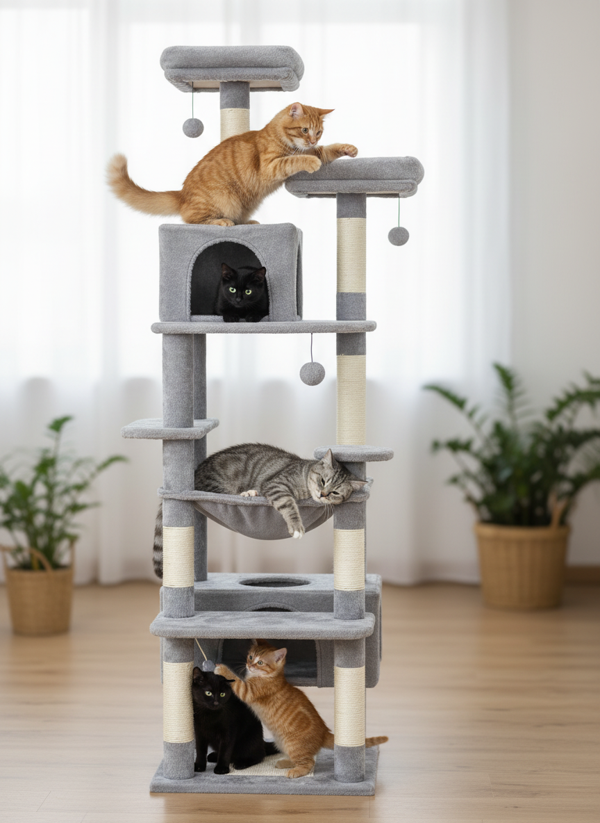 Arbre à Chat Multi-Niveaux avec Hamac, Condo, Griffoirs et Plateforme Supérieure