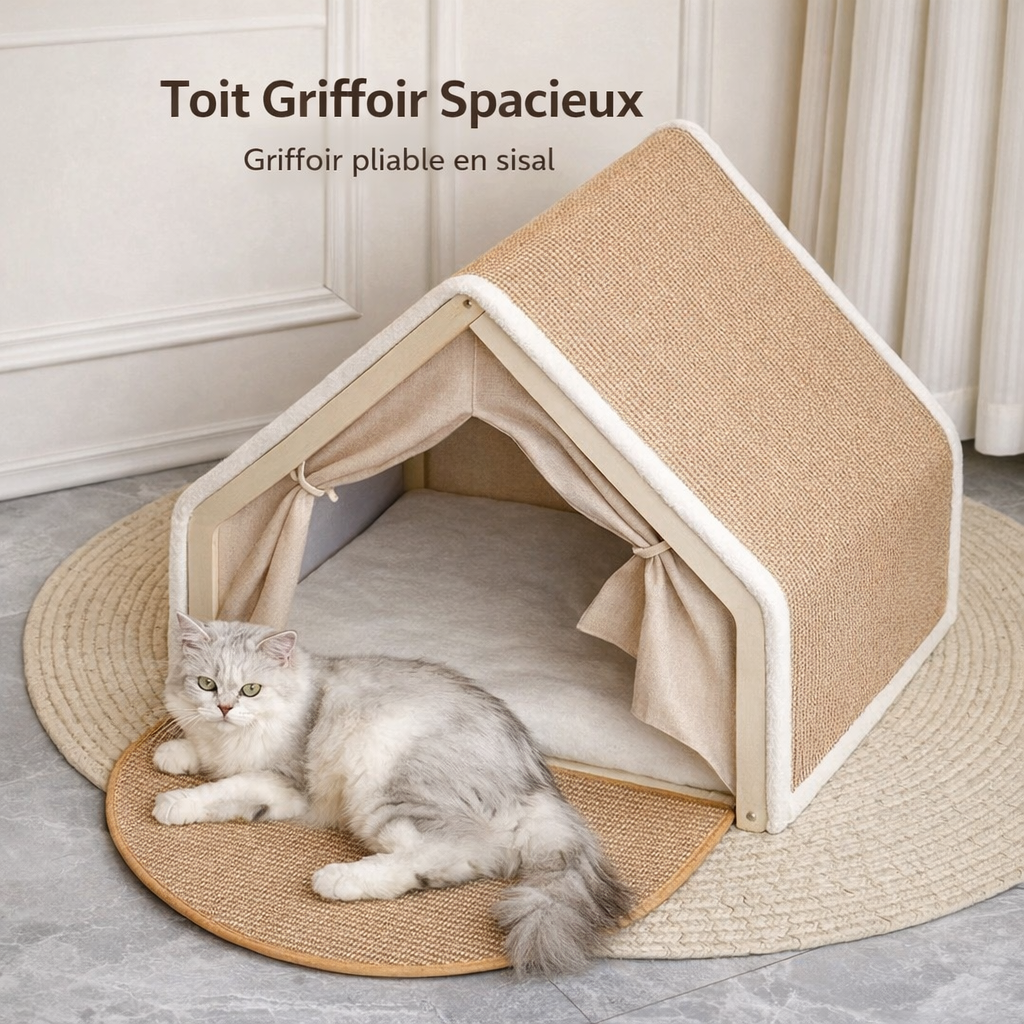 Maison pour Chat d’Hiver Ultra Chaude – Nid Semi-Fermé avec Griffoir en Sisal, Panier Douillet Antidérapant, Design Villa Confort