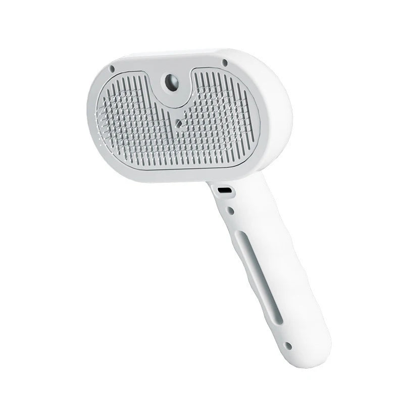 Brosse slicker anti-poils blanche pour chien et chat, picots inoxydables et poignée ergonomique.